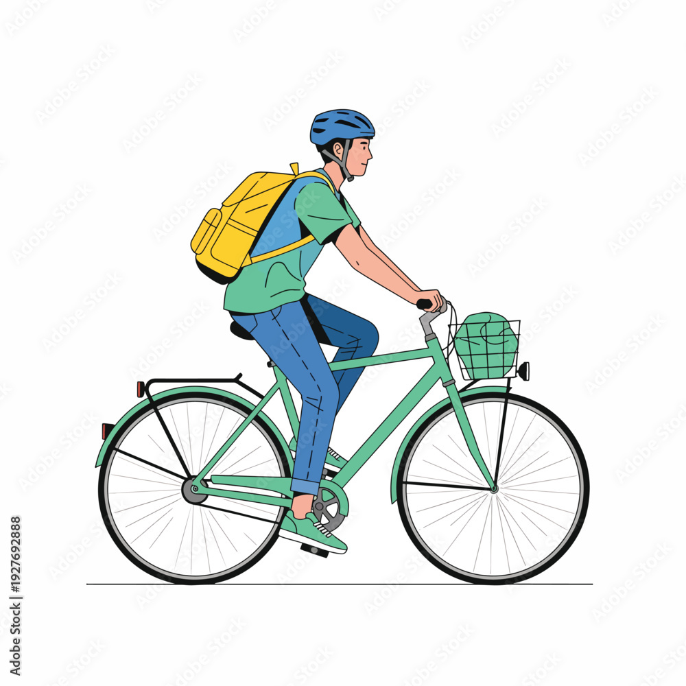 Fototapeta premium Man Riding Bike with Backpack.