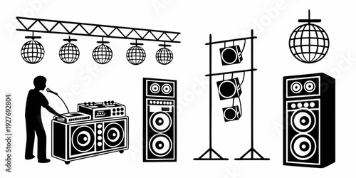 A stage setup with various audio equipment and lighting instruments. Vector