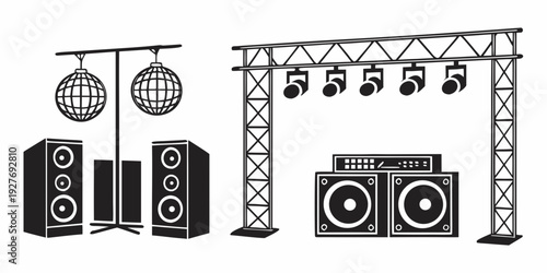 A stage setup with speakers, lights, and musical instruments ready for a live performance Vector