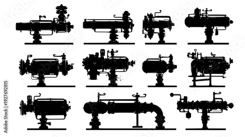 Industrial conduit family with heavy joints and release levers, vector graphic set