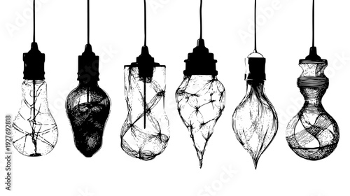 Inventor lamp set with intricate filaments and blown glass shapes, vector graphic set