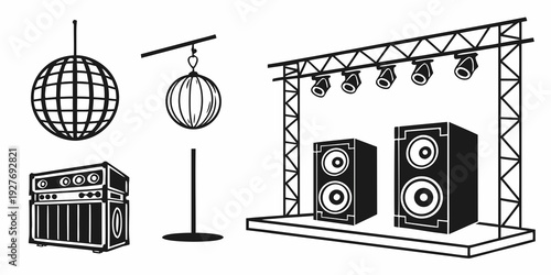 A vintage style living room with a disco ball and speakers. Vector