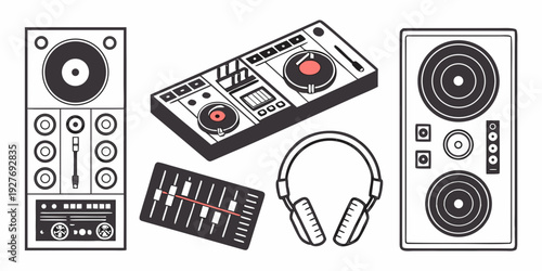 A collection of vintage audio equipment and modern wireless headphones. Vector