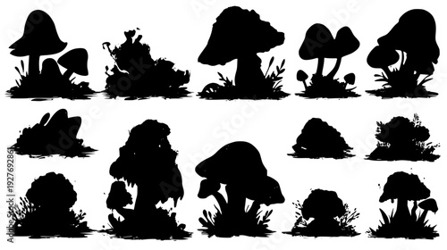 Luminous mushroom family with spore clouds and moss, vector set