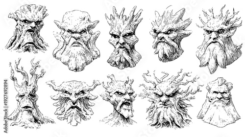 Magic forest collection featuring knotted bark faces, vector graphic set