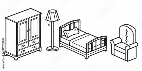 A bedroom with a bed, wardrobe, chair, and a lamp Vector