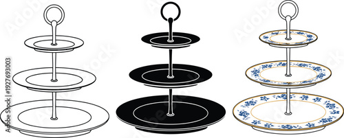 Three Tier Cake Stand Collection Outline Silhouette and Floral Porcelain Design Vector Illustration Isolated on Neutral Background Set
