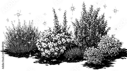 Mystic grazing bundle showcasing flowering bushes and sparkles, vector set