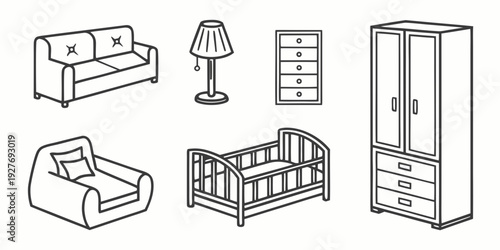 A collection of various types of furniture including beds, a crib, dresser, and more. Vector