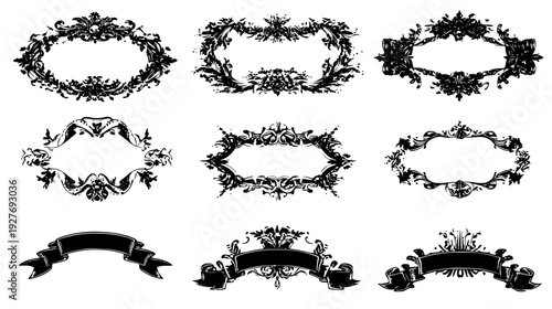 Ornate title page set with majestic wreaths and banners, vector graphic set