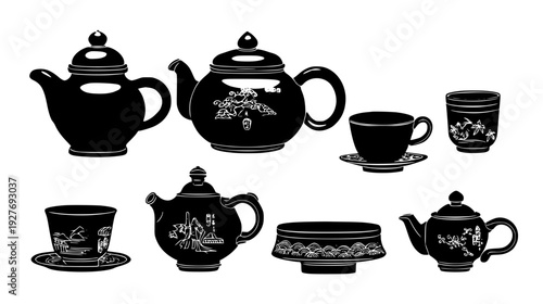 Oriental brewing kit showcasing elegant pots and small cups, vector graphic set