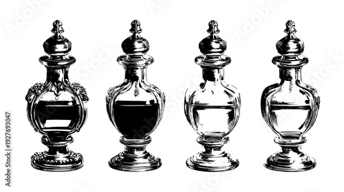 Ornate glass vessel family with shimmering fluids and stoppers, vector set