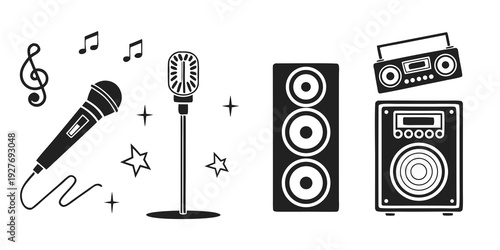 Vintage microphone and speakers with musical notes and stars in the background Vector