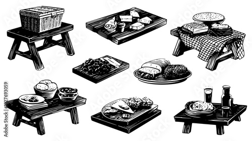Picnic spread kit with wooden boards and food platters, vector graphic set