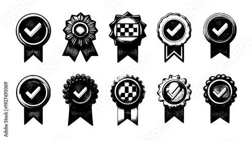 Productivity badge set with checkmarks and victory ribbons, vector set
