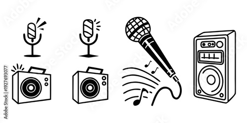 Microphone and camera equipment setup for recording and broadcasting. Vector