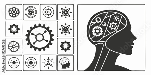 Illustration of a head with gears and symbols representing thought processes and ideas. Vector