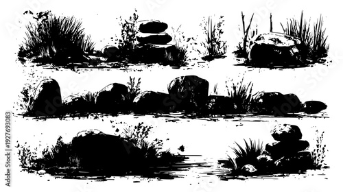 River crossing collection featuring dark stone and muddy banks, vector graphic set