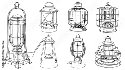 Retro lamp family with industrial cages and warm glowing elements, vector graphic set
