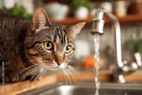 Domestic cat fascinated by running water