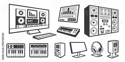A diverse collection of vintage electronic devices and computers from the past. Vector