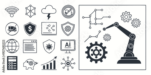 Illustration of various industrial and business icons representing manufacturing processes Vector