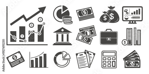 A collection of icons representing various aspects of finance and business. Vector