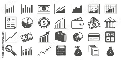 Diverse collection of icons representing various business and financial concepts. Vector