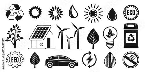 A collection of icons representing various aspects of renewable energy and sustainability. Vector