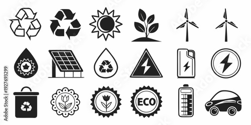 Collection of diverse icons representing various environmental and sustainability concepts Vector