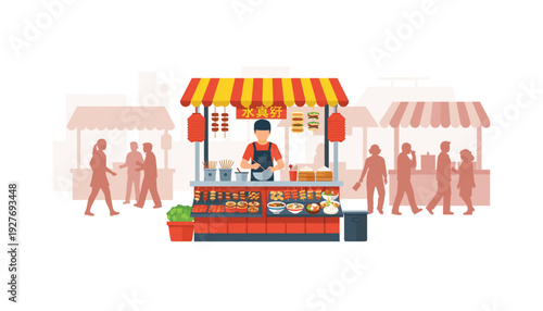 Vibrant street food vendor serving delicious meals at bustling market