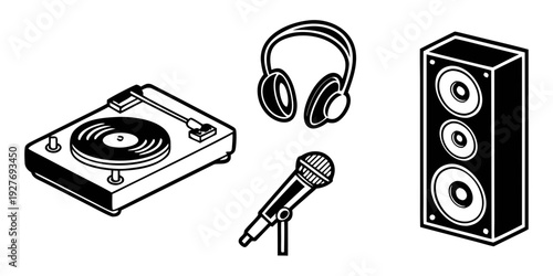 A collection of audio equipment including a cd player, headphones, microphone, and speakers. Vector