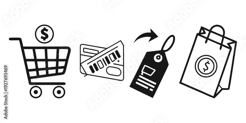 Illustration of online shopping process with a cart, receipt, and payment Vector