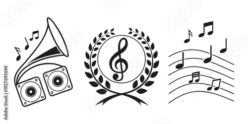 A collection of musical icons including a vinyl record, treble clef, and music notes. Vector