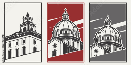 Three distinct architectural buildings showcasing unique design elements and styles Vector