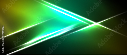 Abstract vibrant lines intersect, creating luminous green, yellow glow. Dark background emphasizes bright energy, modern design.