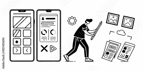 Person walking with a smartphone and various icons around them. Vector