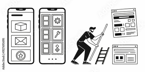 A person fixing a mobile app interface on a screen with a ladder and tools Vector