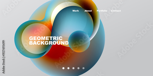 Abstract design features colorful overlapping circles. Text labels include work, about, portfolio, contact. Dots indicate navigation options.