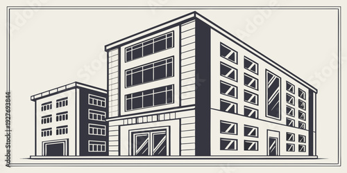 A detailed architectural drawing of a large, multi-story building with numerous windows. Vector
