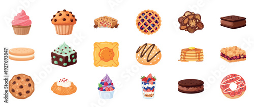 Assorted desserts collection: cupcakes, cookies, pastries, pies, and donuts