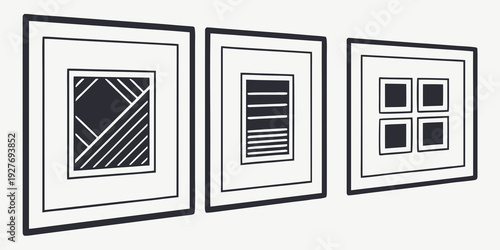 Three framed artworks featuring abstract geometric patterns and designs. Vector