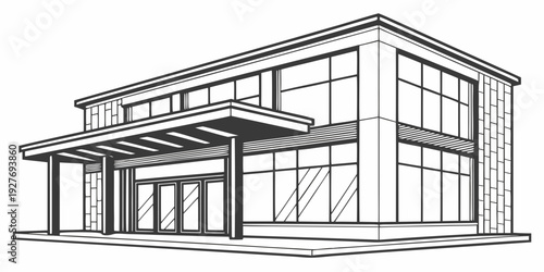 Modern architectural design of a large building with a prominent entrance and windows Vector