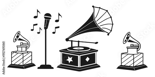 Vintage music equipment displayed on a wooden surface with musical notes Vector