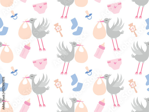 Seamless pattern with storks carrying babies and newborn accessories. Cute nursery vector background.
