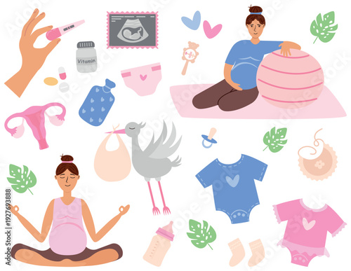 Pregnancy and newborn baby care vector illustration set. Pregnant woman doing prenatal yoga and exercises with fitness ball, baby clothes, and maternity accessories collection.