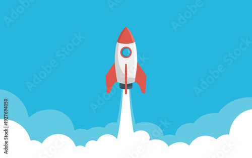 Red and white rocket blasting off into a bright blue sky with white clouds below