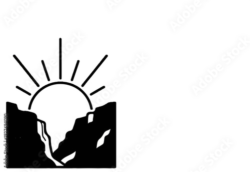 Stylized sun rising over rocky landscape