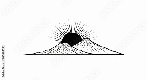Stylized sunrise behind two cone-shaped mountains