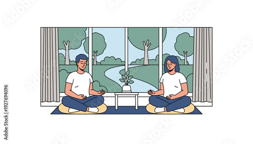 Couple meditating together in peaceful indoor garden setting